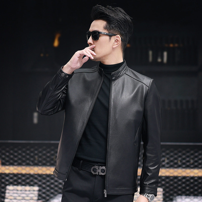 现货海宁春秋新款头层牛皮男式皮衣立领拉链商务休闲真皮夹克潮