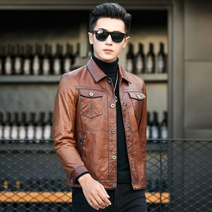 海宁真皮皮衣男装 外套上衣皮夹克头层羊皮油蜡皮 机车潮流夹克短款