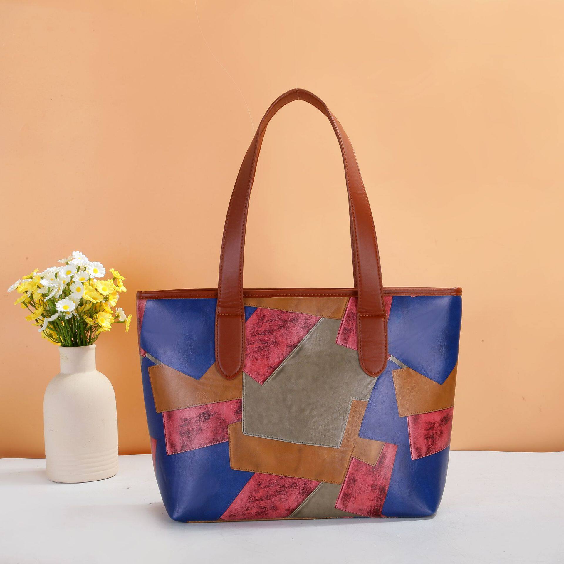 新款拼接女包欧美复古女式大单肩托特包包大容量横款方型拉链