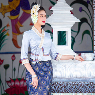 西双版纳传统傣族女装中袖片裙套装修身气质泰SPA日常工作服茶服