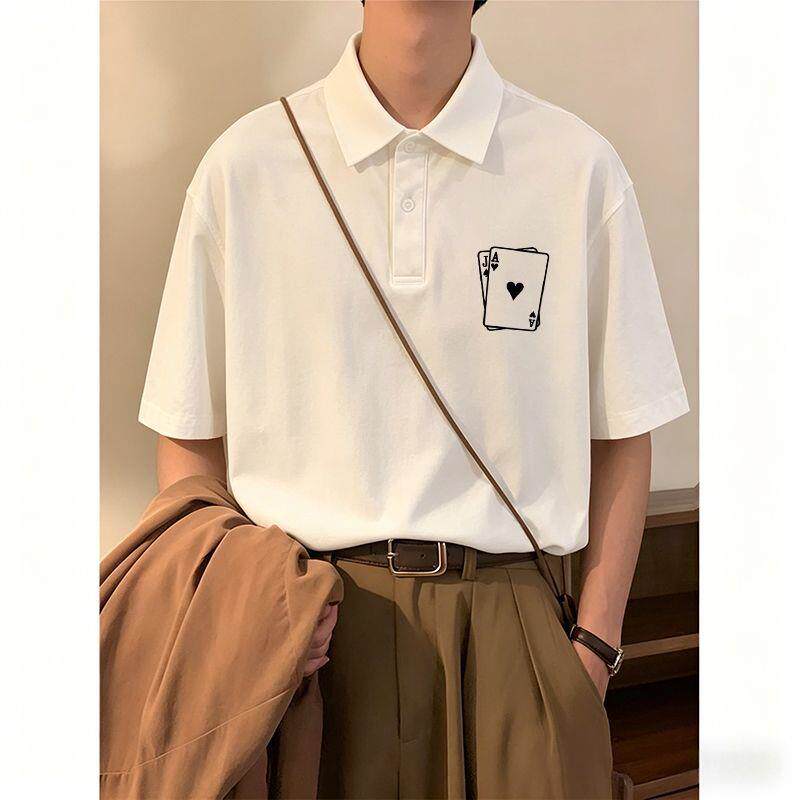 纯棉小众POLO领短袖T恤男生夏季宽松ins中长款港味帅气上衣服潮流