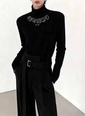 黑色双面德绒半高领长袖T恤男百搭修身帅气字母印花保暖打底上衣