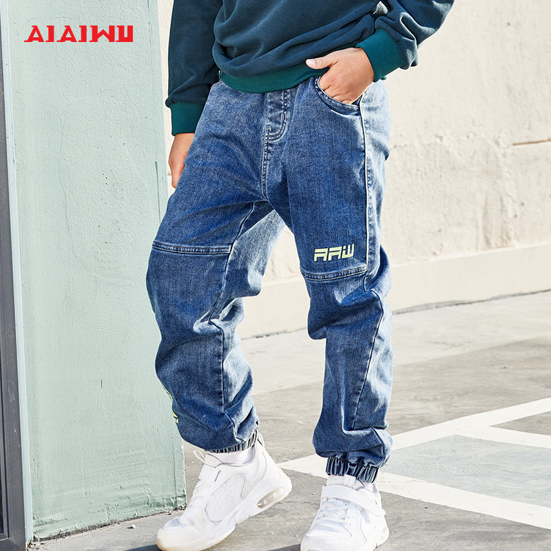 艾艾屋童装男大童牛仔长裤 冬季 IP儿童休闲宽松缩脚口裤子