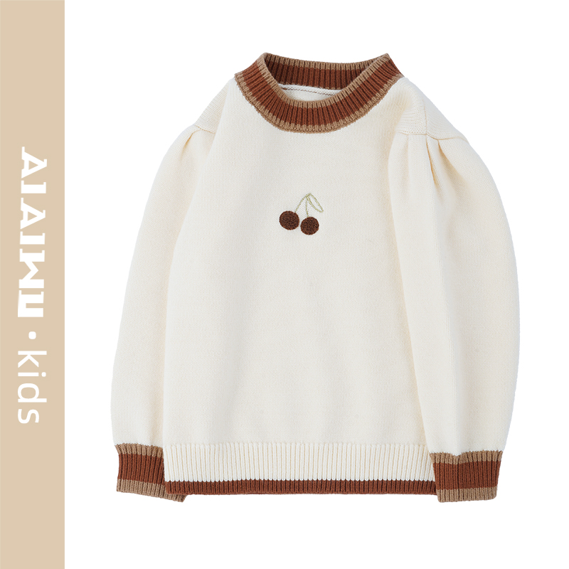 艾艾屋女童上衣2024冬季新品小童圆领绣花线衣女孩打底衣YNWM11