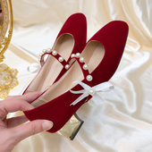 女新娘孕妇不累脚气质粗跟单鞋 中式 方头红色绒面秀禾婚纱两穿婚鞋