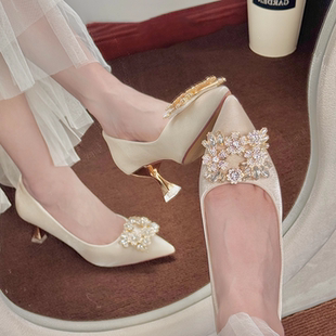 法式方扣高跟鞋女主纱秀禾不累脚新娘鞋尖头酒杯跟日常可穿伴娘鞋