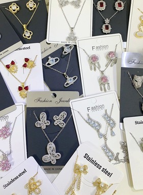 外贸欧美新款奢华锆石耳钉项链套装水滴气质锁骨链女