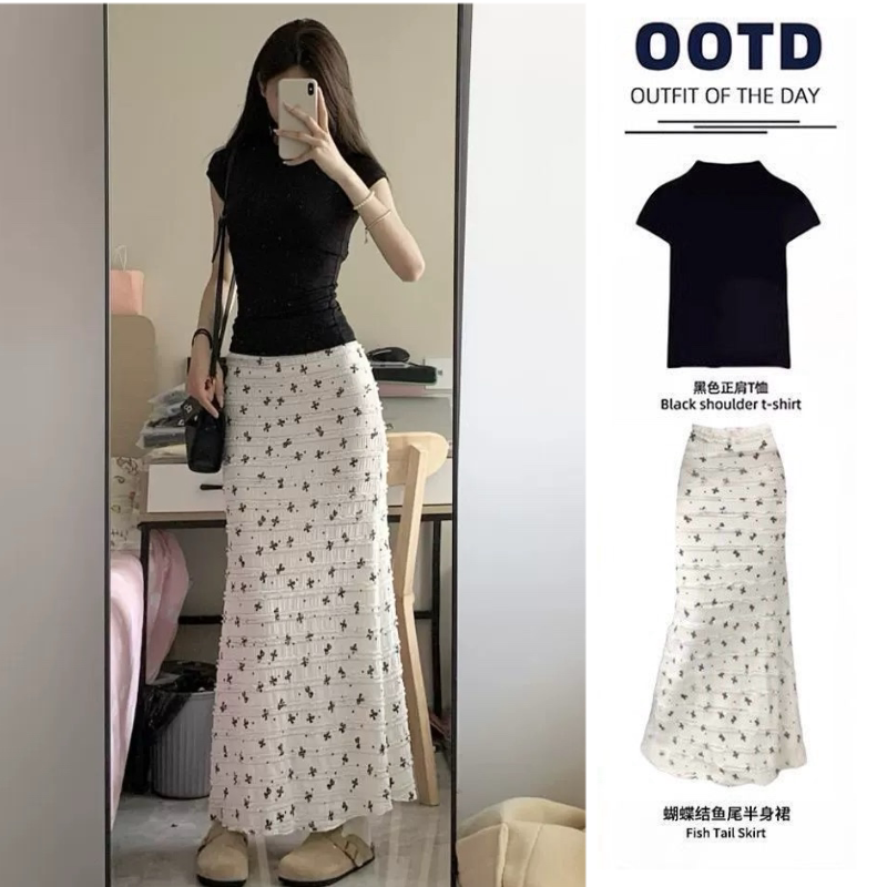碎花鱼尾半身裙女夏季短袖小个子时尚套装