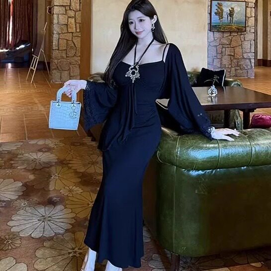 纯欲风蕾丝挂脖吊带连衣裙女夏季收腰气质长裙子防晒开衫两件套装