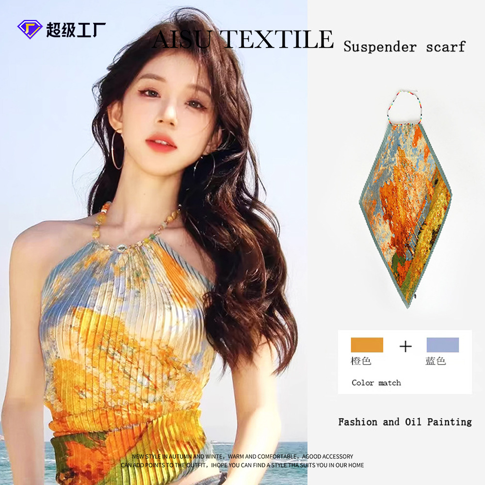 2025YPFF潮流女装辣妹油画风褶皱小吊带夏季性感露背丝巾抹胸上衣