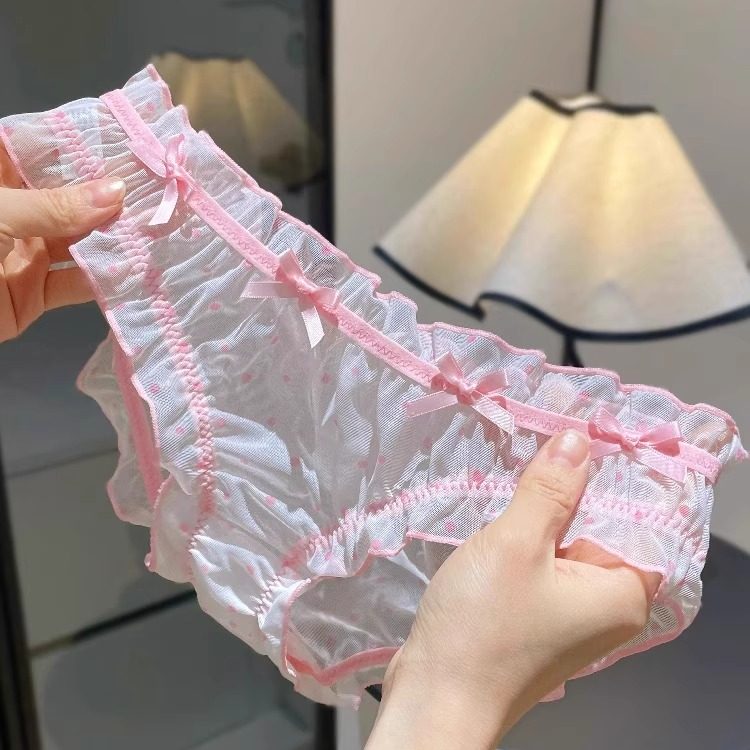 粉娇波点！法式纯欲甜美网纱蝴蝶结低腰内裤女~性感包臀透气亲肤!