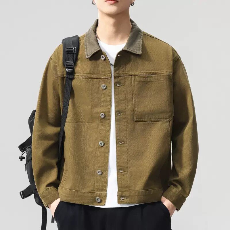 高端重磅巴恩风撞色翻领工装外套男春秋季新款宽松牛仔夹克男上衣