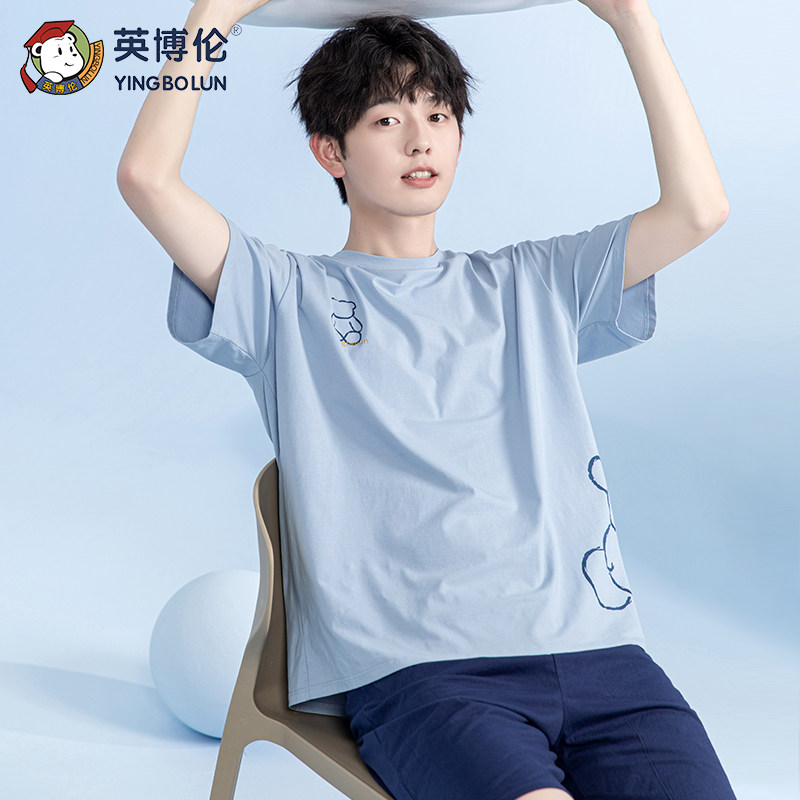 英博伦青少年睡衣夏季纯棉薄款中大童短袖套装学生宽松男童家居服