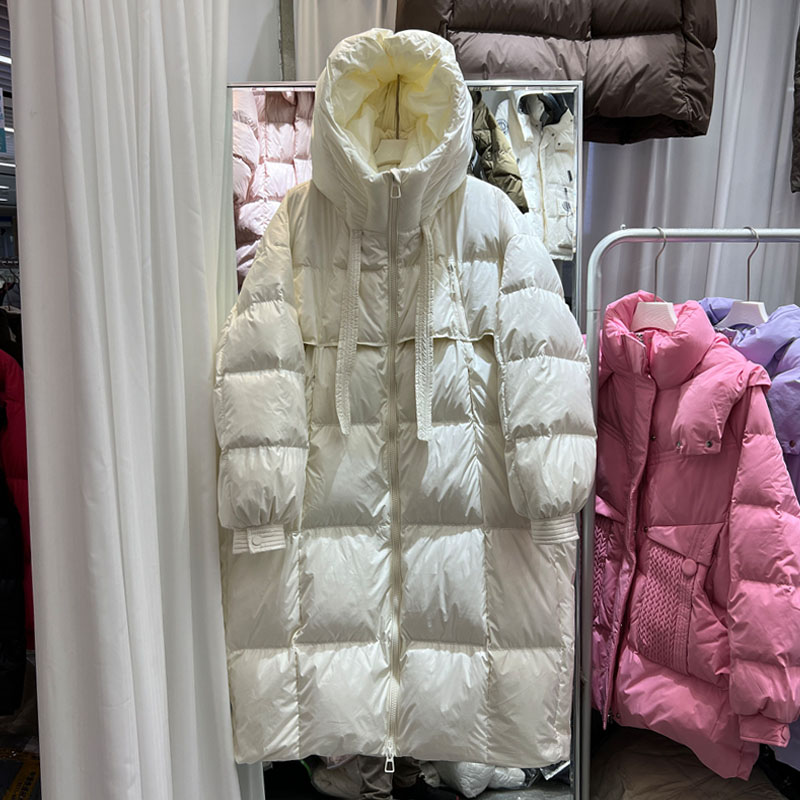 韩版长款连帽飘带羽绒服白鹅绒