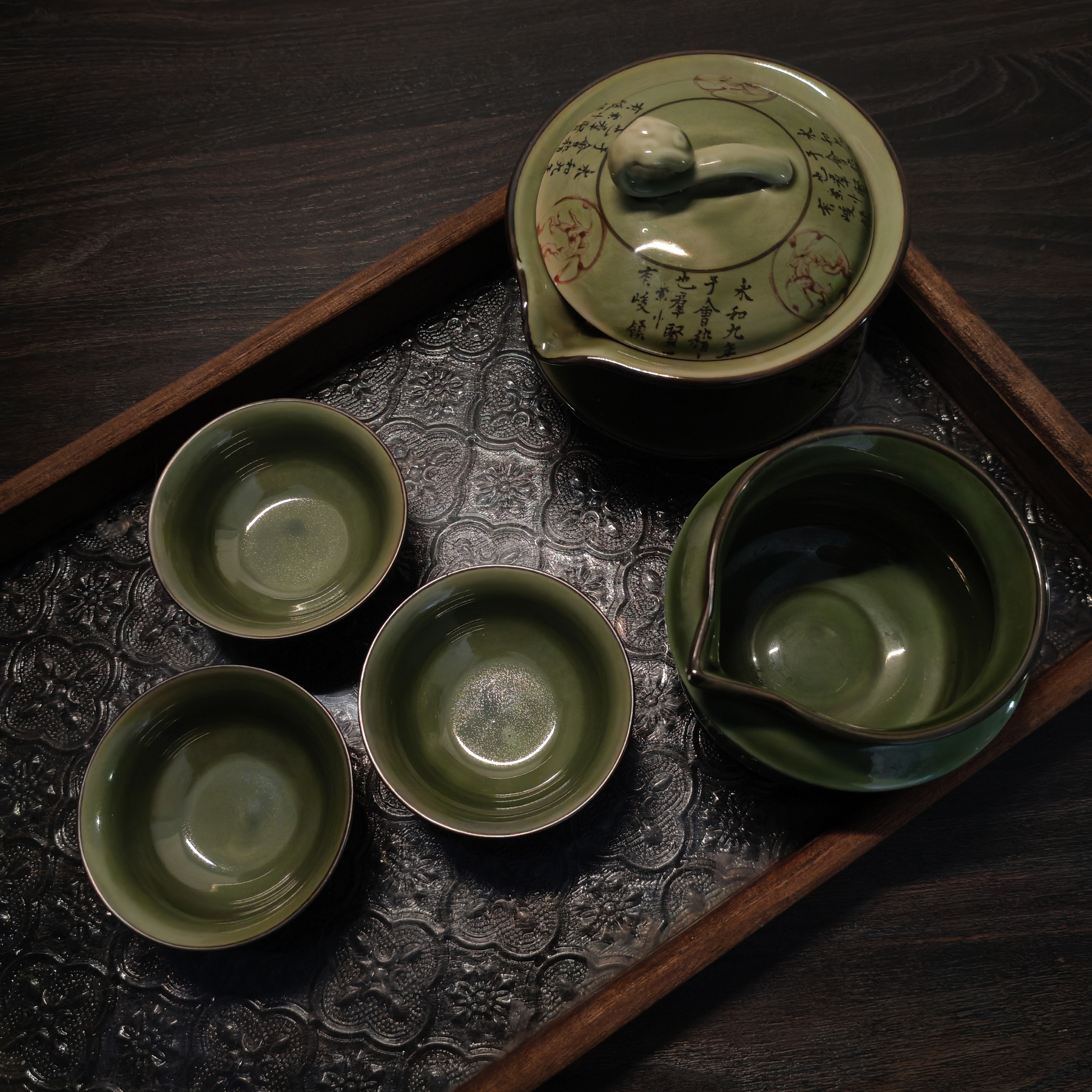 老龙古窑手绘翡翠裂纹釉功夫茶具