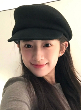好版型fever同款~黑色羊毛呢报童帽女秋冬马术帽贝雷帽英伦礼帽
