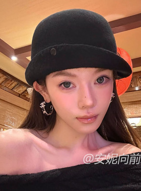 张婧仪同款复古羊毛翻边黑色礼帽