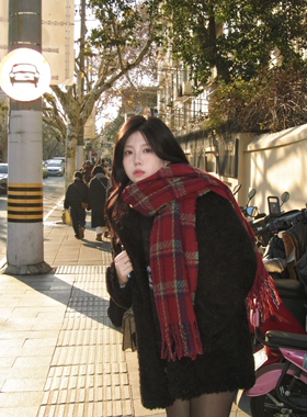 复古红色格子围巾女秋冬季英伦学院风韩系氛围感高级感jk针织围脖