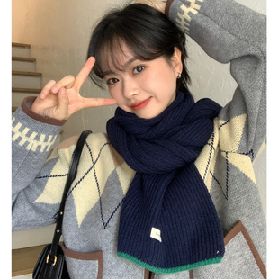 2026新款韩国东大门藏青色围巾女生冬季防寒保暖围脖毛线针织学生