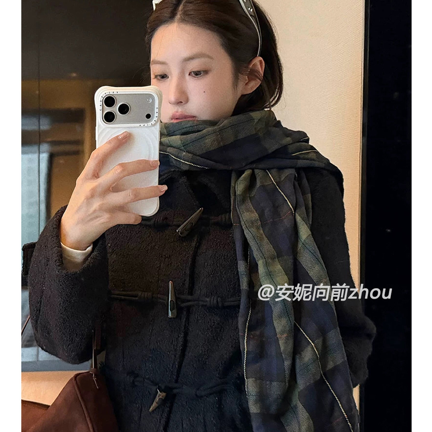 复古感蓝绿格纹围巾女秋冬季百搭保暖围脖披肩两用高级感氛围感新