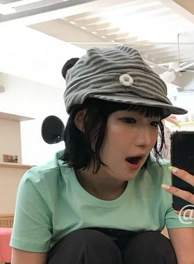 条纹软帽女韩系复古纽扣报童帽