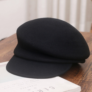 fever同款~黑色羊毛呢报童帽女秋冬帽子贝雷帽羊毡帽八角帽画家帽