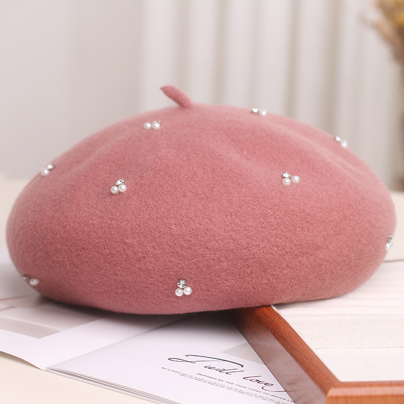 日系手工珍珠水钻羊毛贝雷帽