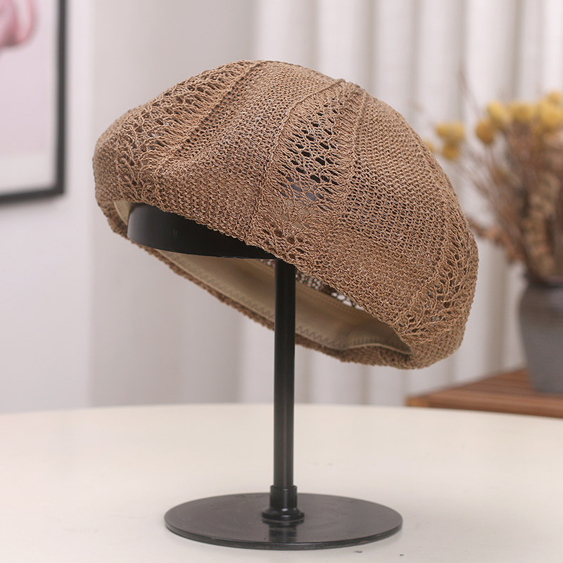 日系亚麻贝雷帽女春夏轻薄镂空透气画家帽复古气质百搭防晒蓓蕾帽