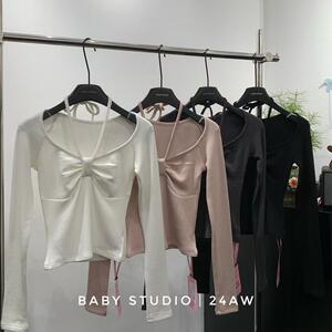BABY2024冬季新款辣妹纯欲挂脖长袖T恤修身显瘦加绒保暖打底上衣