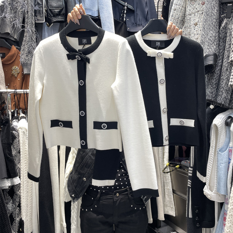 单排扣蝴蝶结装饰针织开衫