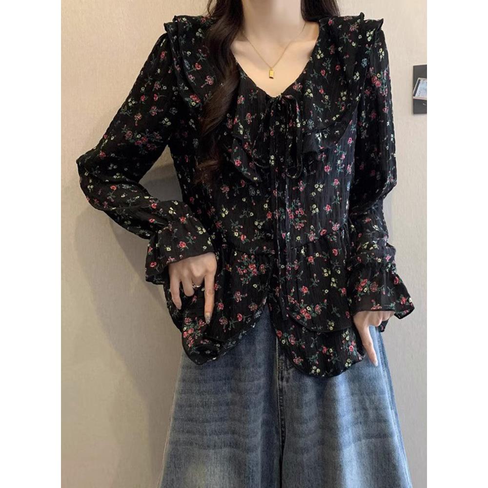 法式V领荷叶边碎花长袖衬衫2025春季新款大码女胖mm显瘦气质上衣