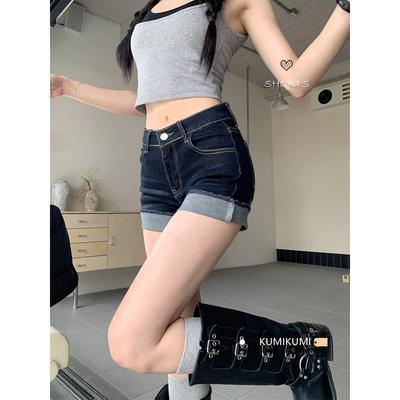 美式辣妹高腰性感超短裤热裤牛仔裤女夏季深蓝色设计感卷边短裤子