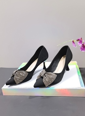 32386特价清仓 春秋气质高跟鞋水钻蝴蝶结羊皮鞋垫浅口尖头单鞋女