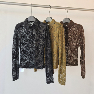 复古叠穿镂空蕾丝翻领长袖体恤衫女辣妹正肩紧身高级感打底衫上衣