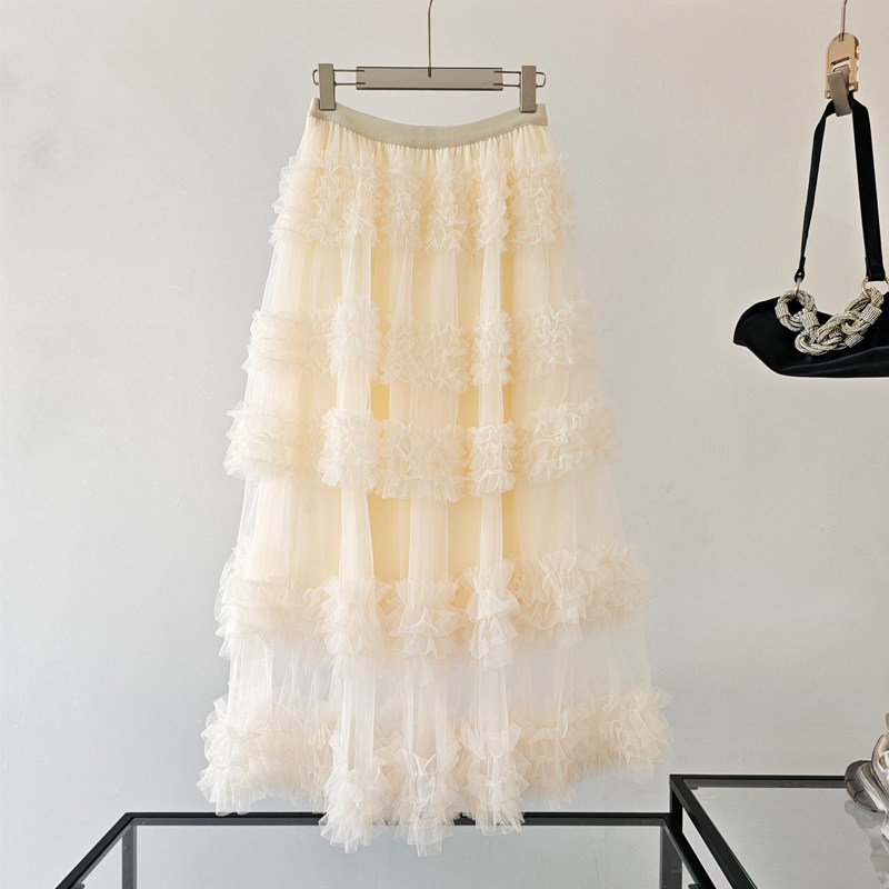 度假叠穿苾入日系网纱长裙仙女蛋糕裙夏蓬蓬裙高腰杏色A字半身裙