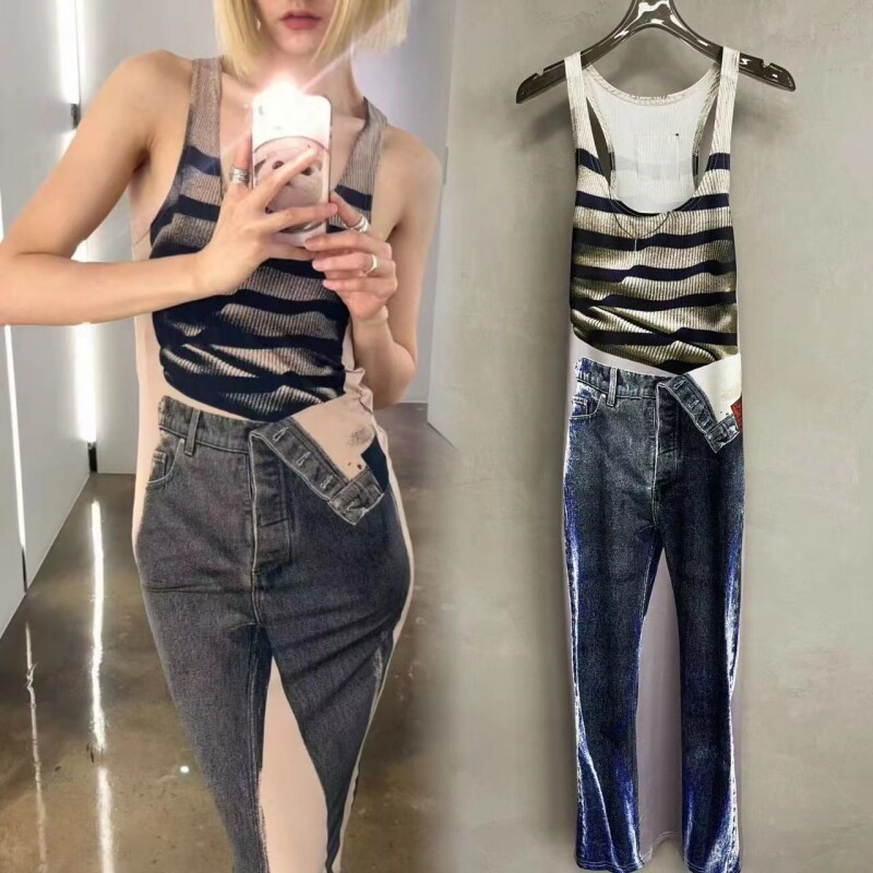 清货网红3D牛仔裤错觉印花性感辣妹吊带背心连衣裙2026夏包臀长裙