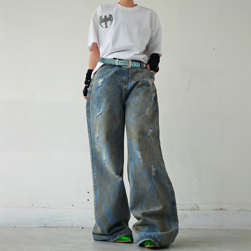男女炸街美式做旧脏脏废土牛仔裤