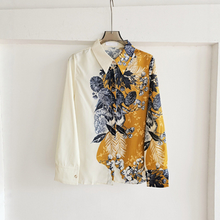 女设计感高级感绸缎衬衣显瘦上衣 衬衫 法式 老钱风复古印花翻领长袖