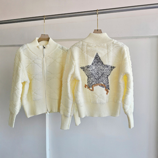 高克重法式高级感菱格五角星刺绣毛衣女立领拉链针织开衫名媛外套