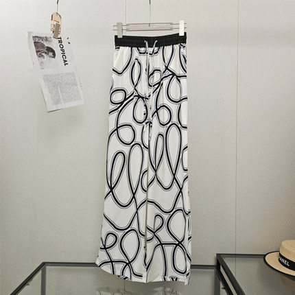 小众名媛慵懒风几何印花抽绳阔腿裤女夏季垂感宽松显瘦拖地长裤子