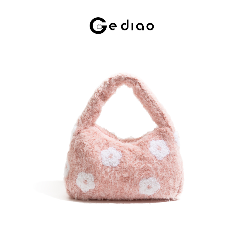 韩系小清新粉色毛呢女包2025秋冬