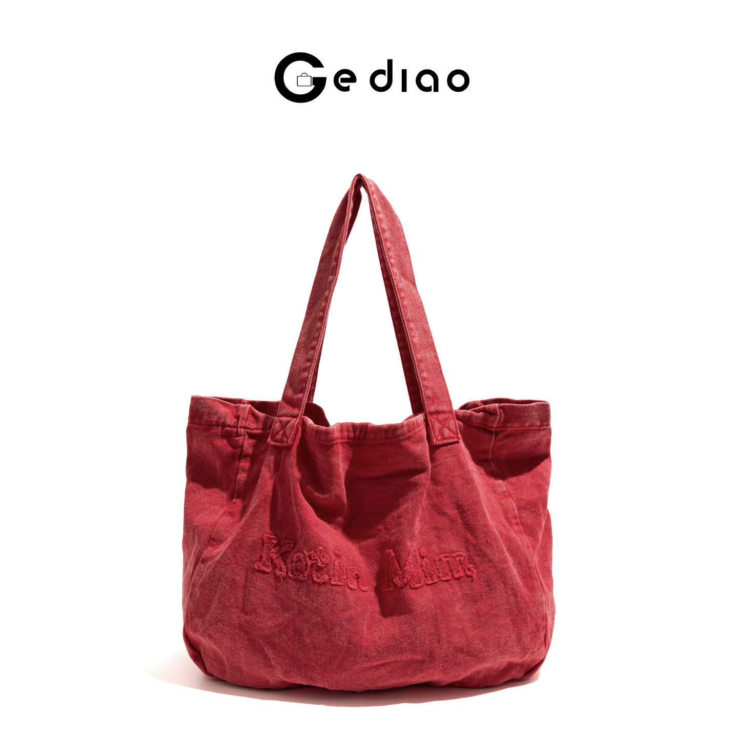 韩系字母刺绣帆布红色包包慵懒风