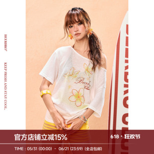 BeerBro『出逃西海岸』辣妹露背设计感可调节斜肩荡领短袖上衣女