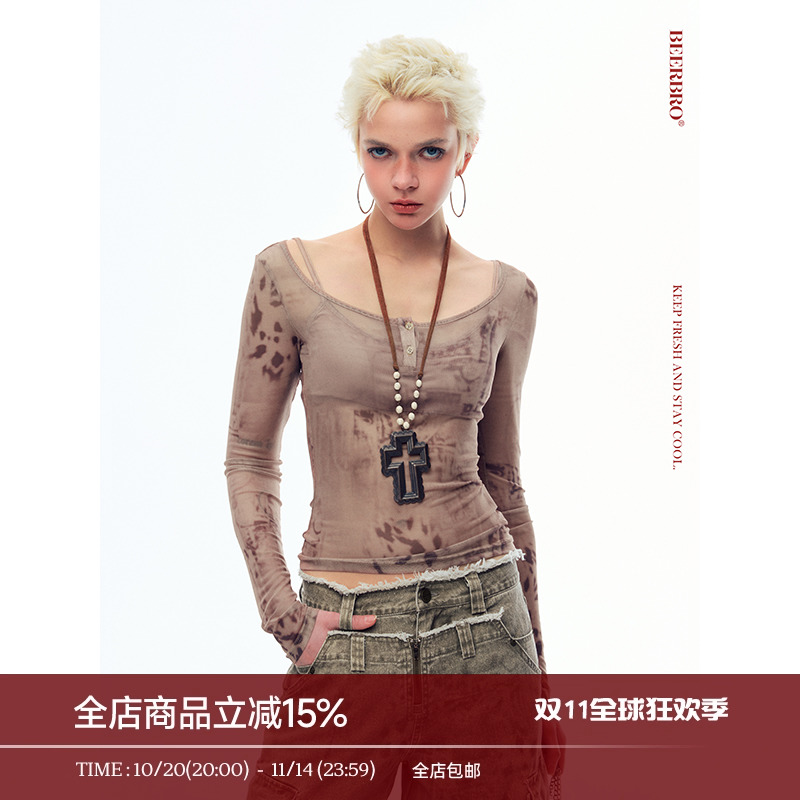 BeerBro『brat girl』 满印网纱 豹纹图案镂空一字肩长袖上衣