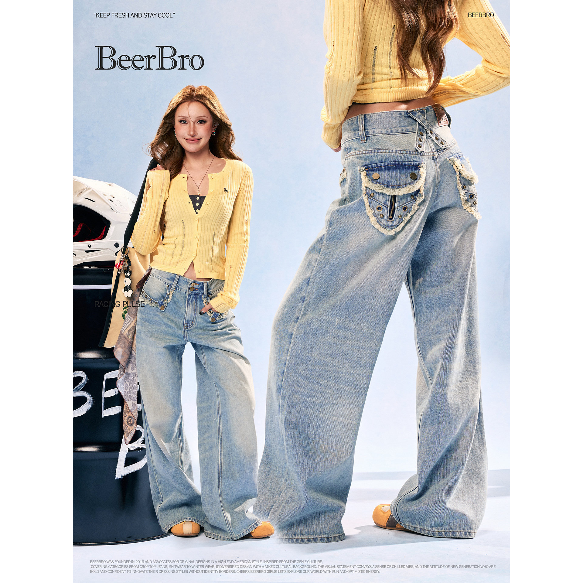 BeerBro『竞速脉冲』好穿不挑人做旧毛边口袋设计中腰直筒牛仔裤