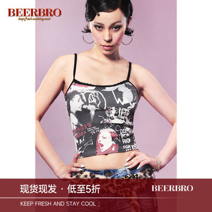 上衣 祖辣妹满印摇滚图案弹力吊带女紧身显瘦带胸杯短款 BeerBro 元