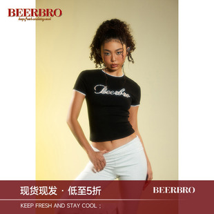 BeerBro 春夏新款蕾丝绣花莫代尔短袖T恤女辣妹收腰修身内搭上衣