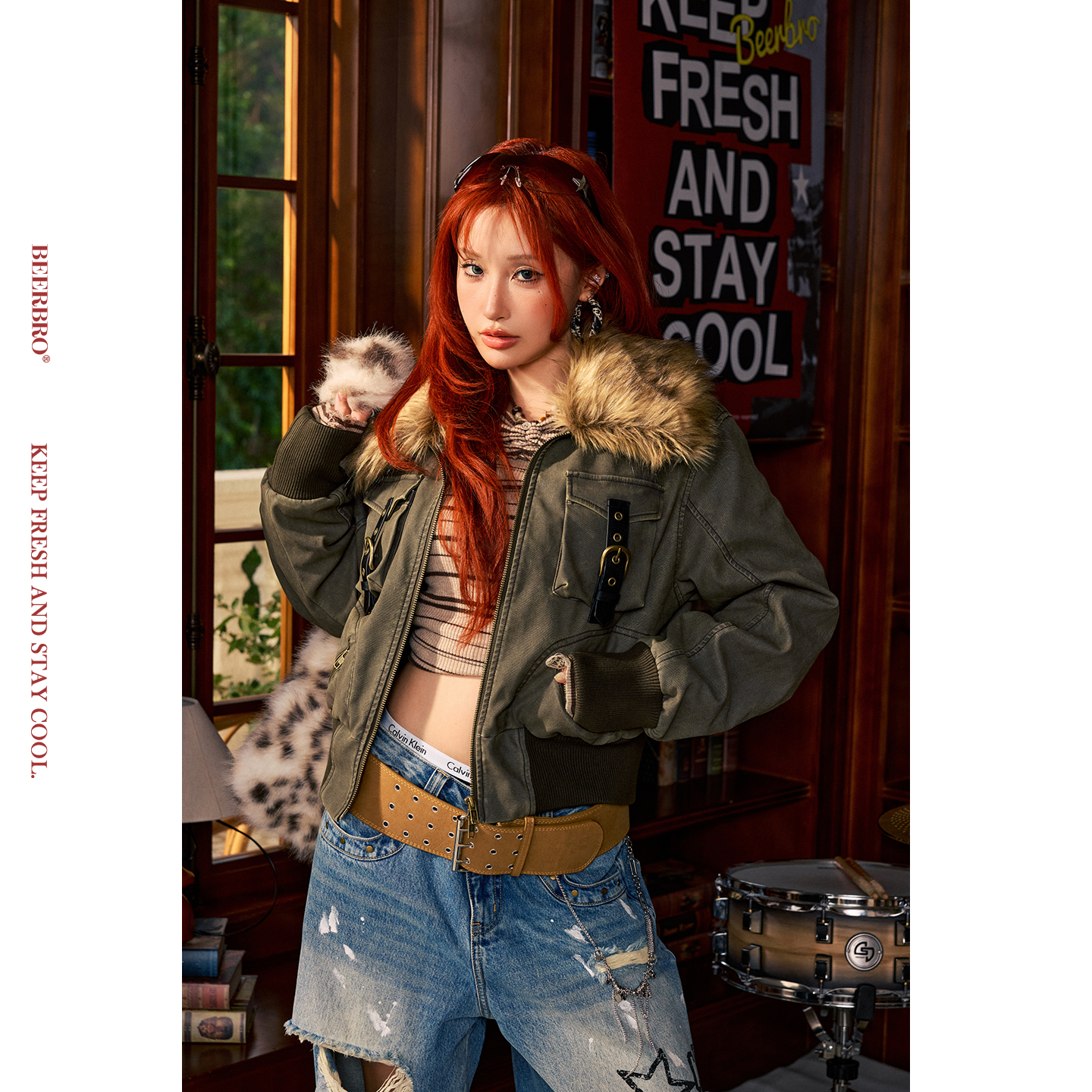 BeerBro『摇滚书吧』重磅洗水复古辣妹短款可拆卸毛领皮夹克外套