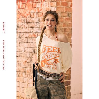 BeerBro 『反叛摇滚』慵懒空气感撞色斜肩真两件针织衫上衣女秋