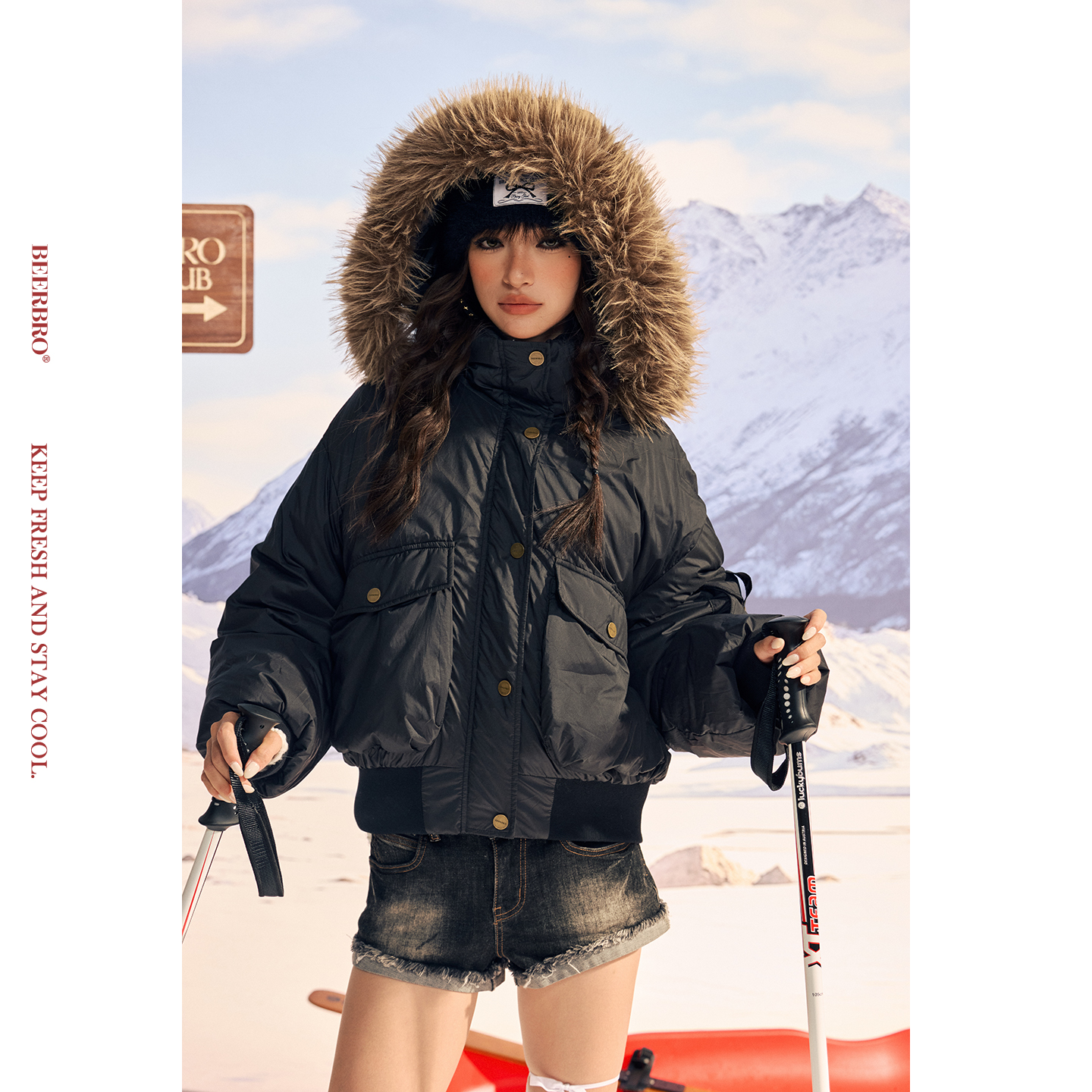 BeerBro『反叛竞技社』90白鸭绒羽绒服秋冬保暖拼接毛领夹克外套